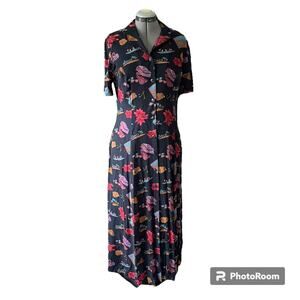 Vtg Retro Vacation Travel Novelty Print Button Shirt Dress Women’s Sz 14 Cottage